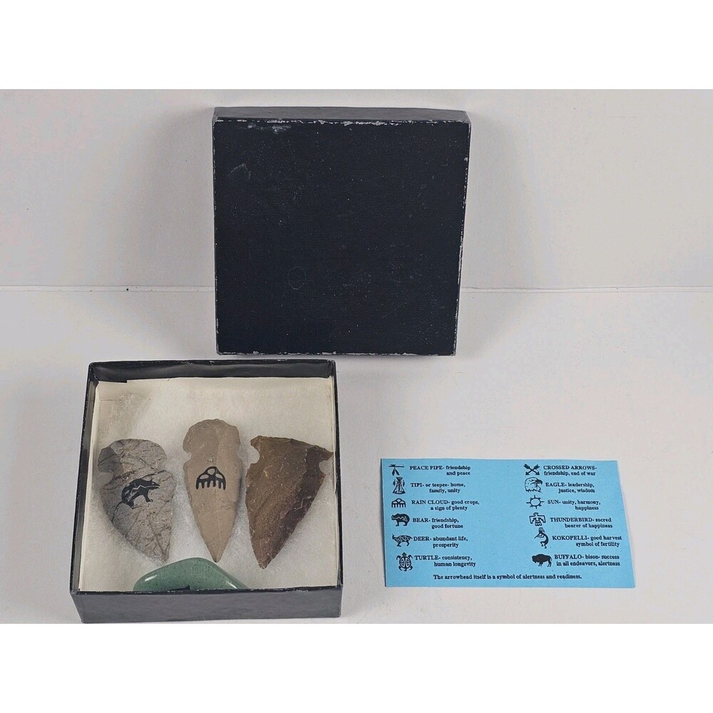 Handmade Reproduction Stone Arrowheads Display Set w/ Box & Symbol/Info Cards